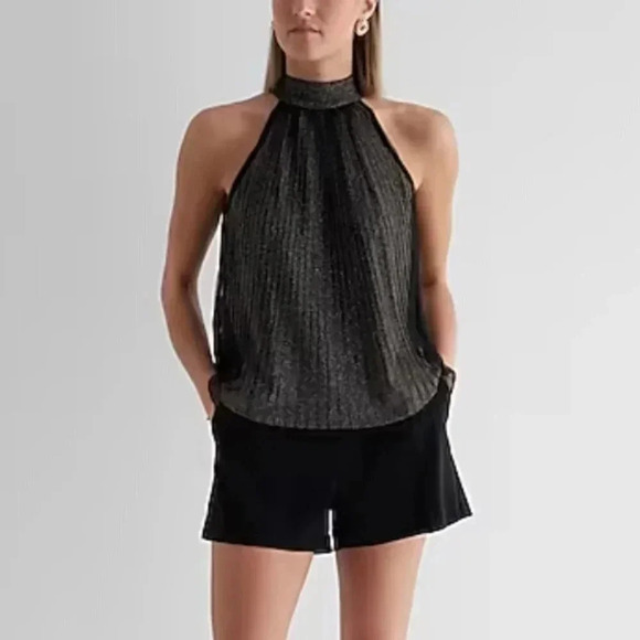 NEW ✨ EXPRESS Shine Tie Halter Neck Pleated Top Black and Gold Size X-Small - Picture 3 of 11